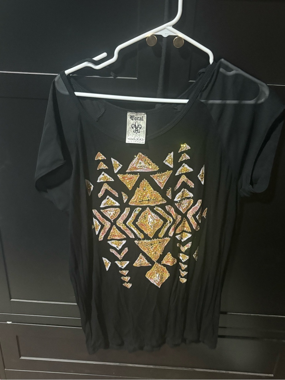 Corral Black Short-Sleeve Tee with Gold Sequin Tribal Motif